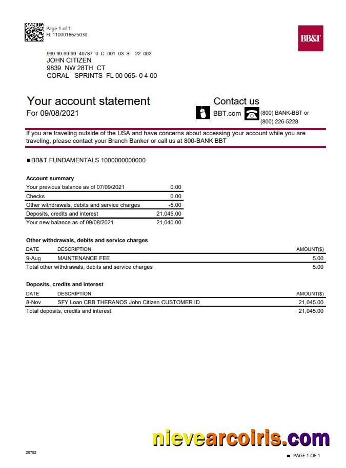 USA North Carolina BB&T Corp. bank account statement in Excel and PDF format